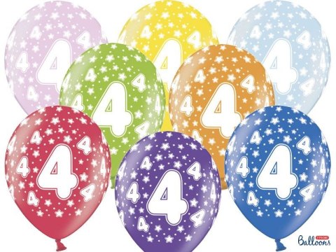 Balon gumowy Partydeco gumowy 4 urodziny, mix kolorów 30 cm/6 sztuk mix 300mm (SB14M-004-000-6) Partydeco