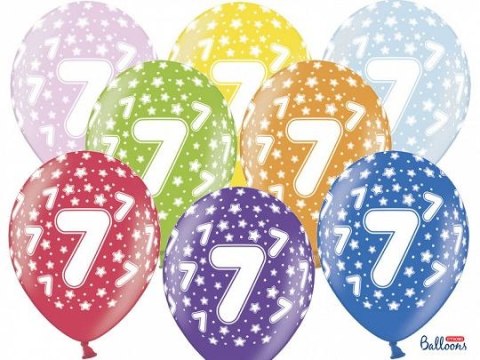 Balon gumowy Partydeco gumowy 7 urodziny, mix kolorów 30 cm/6 sztuk mix 300mm (SB14M-007-000-6) Partydeco