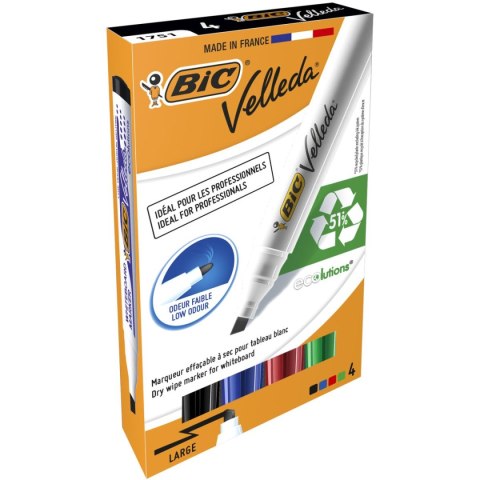 Marker suchościeralny Bic Velleda Ecolutions 1751 komplet 4 szt, mix 3,7-5,5mm ścięta końcówka (904950) Bic