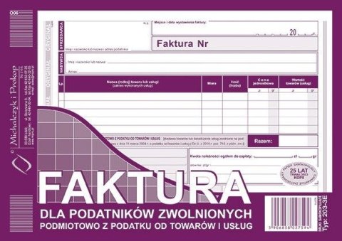 Druk offsetowy Michalczyk i Prokop Faktura dla podatników zwolnionych z podatku VAT A5 80k. (203-3E) Michalczyk i Prokop