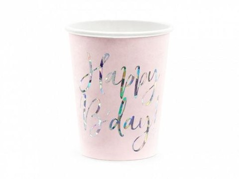 Kubek jednorazowy Partydeco Happy Birthday!, jasny pudrowy róż (1 op. / 6 szt.) papier 220ml (KPP63-081PJ-EU1) Partydeco
